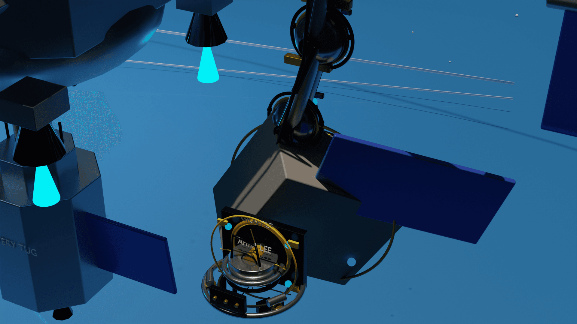 Concept render of AOAS laser processing, turning captured orbital debris into manufacturing feedstock